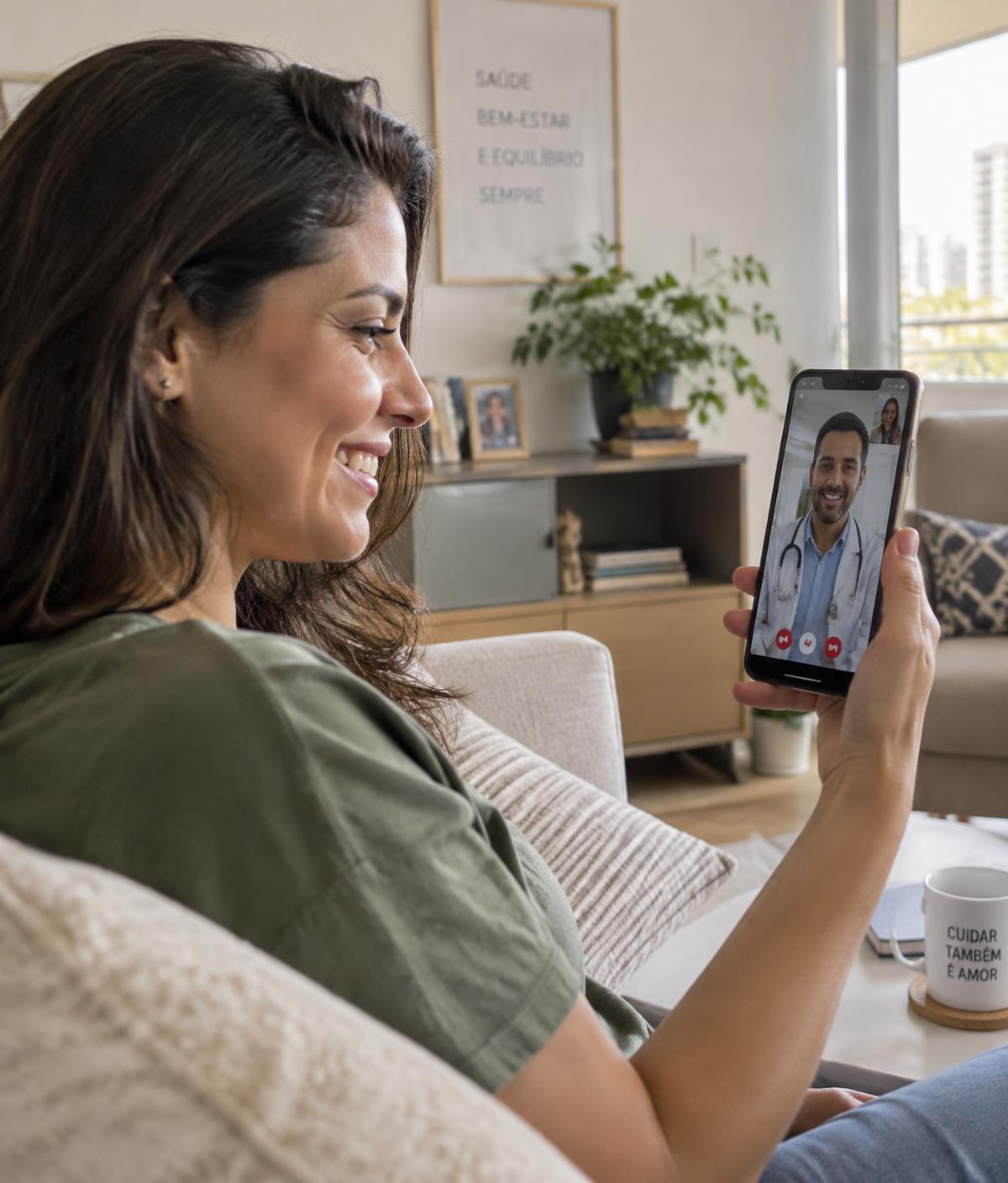Mulher sorrindo em teleconsulta com médico pelo celular, em casa